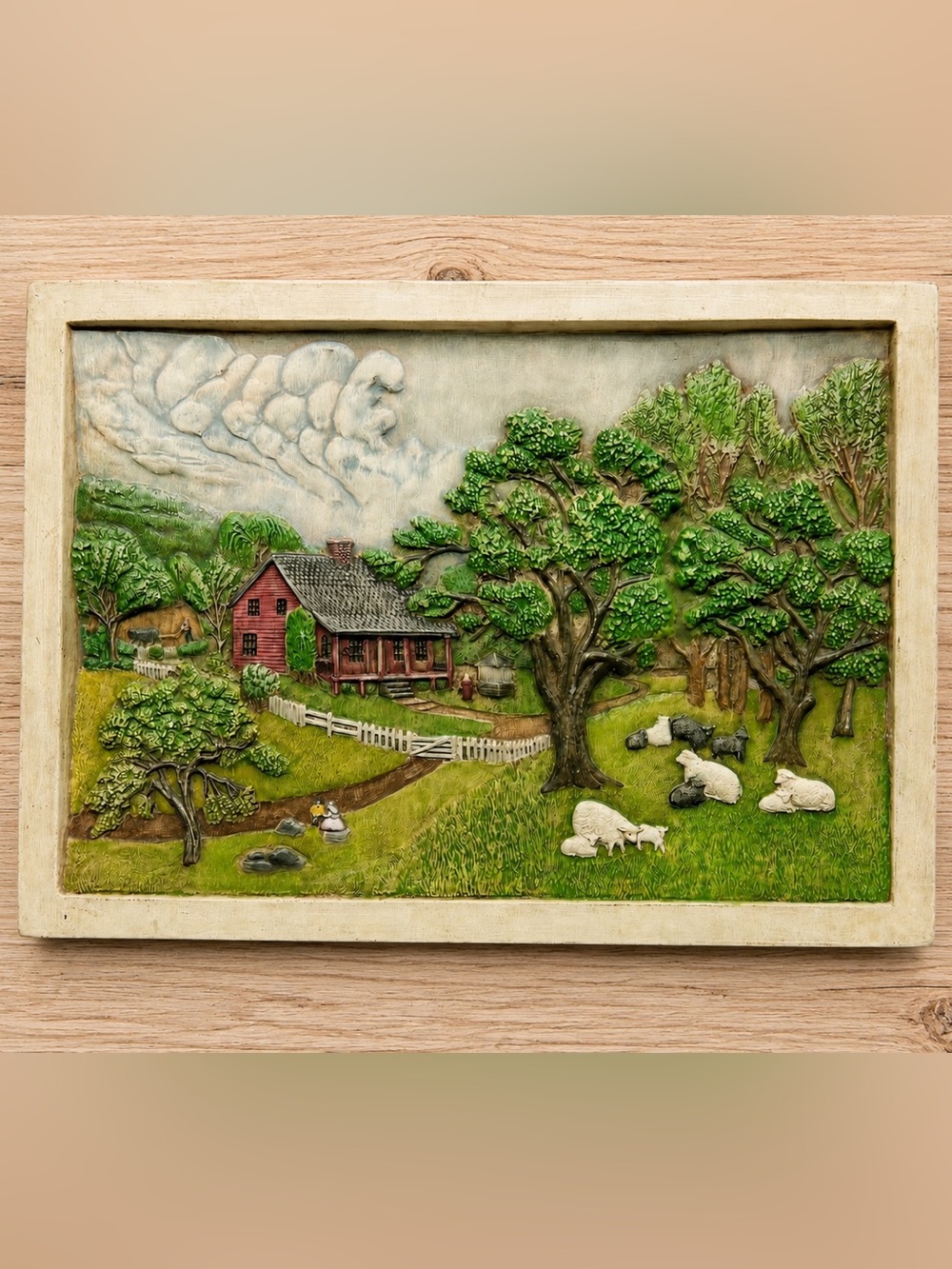 Vintage 1976 Hershey Mold Spring Farm Relief Ceramic Wall Plaque Country Art